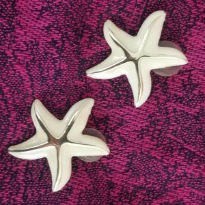 Vintage Earrings Starfish Stud White Enameled